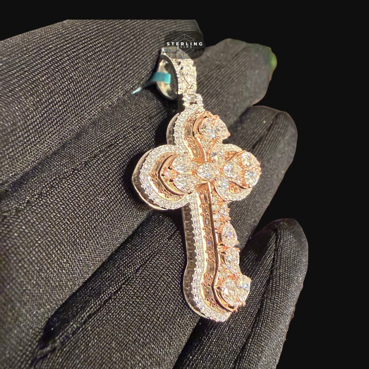 Moissanite Small Pear Cut Rose Gold Cross Pendant