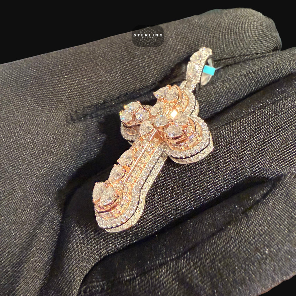 Moissanite Small Pear Cut Rose Gold Cross Pendant