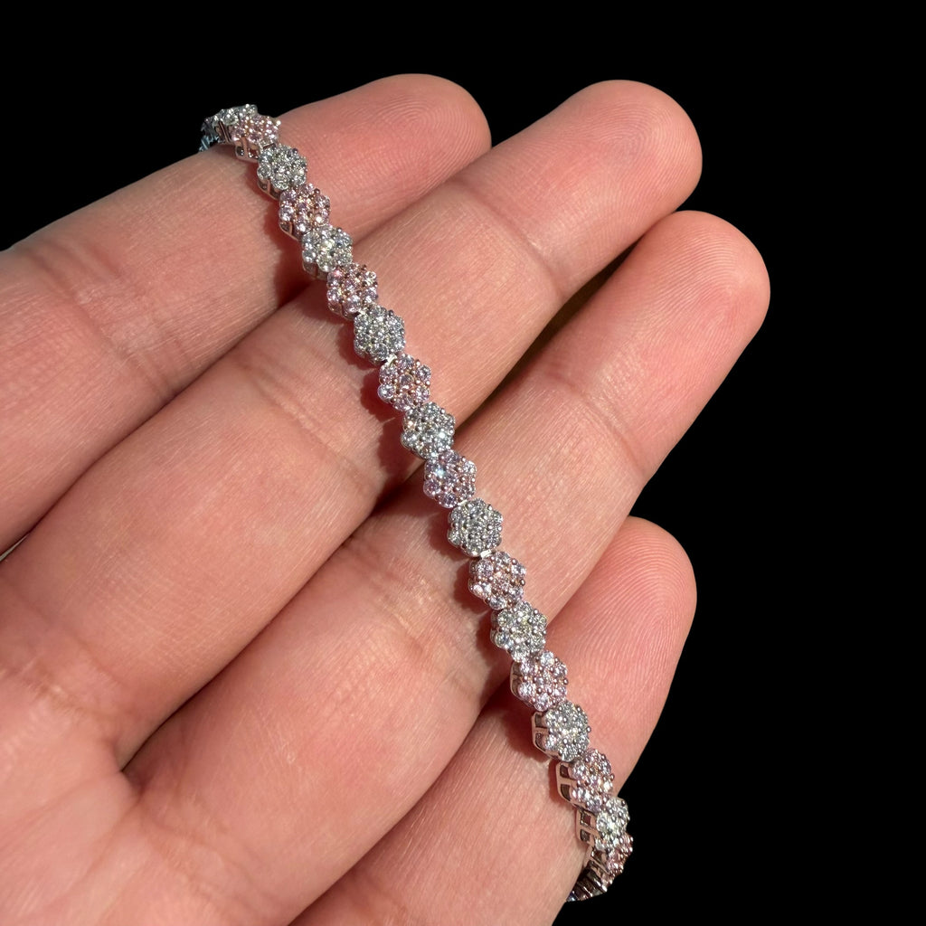 Moissanite Flower Bracelet, 925 Sterling Silver Pink CZ Honeycomb Bracelet, 5mm Two Tone 7 Inch Floral Bracelet for Women