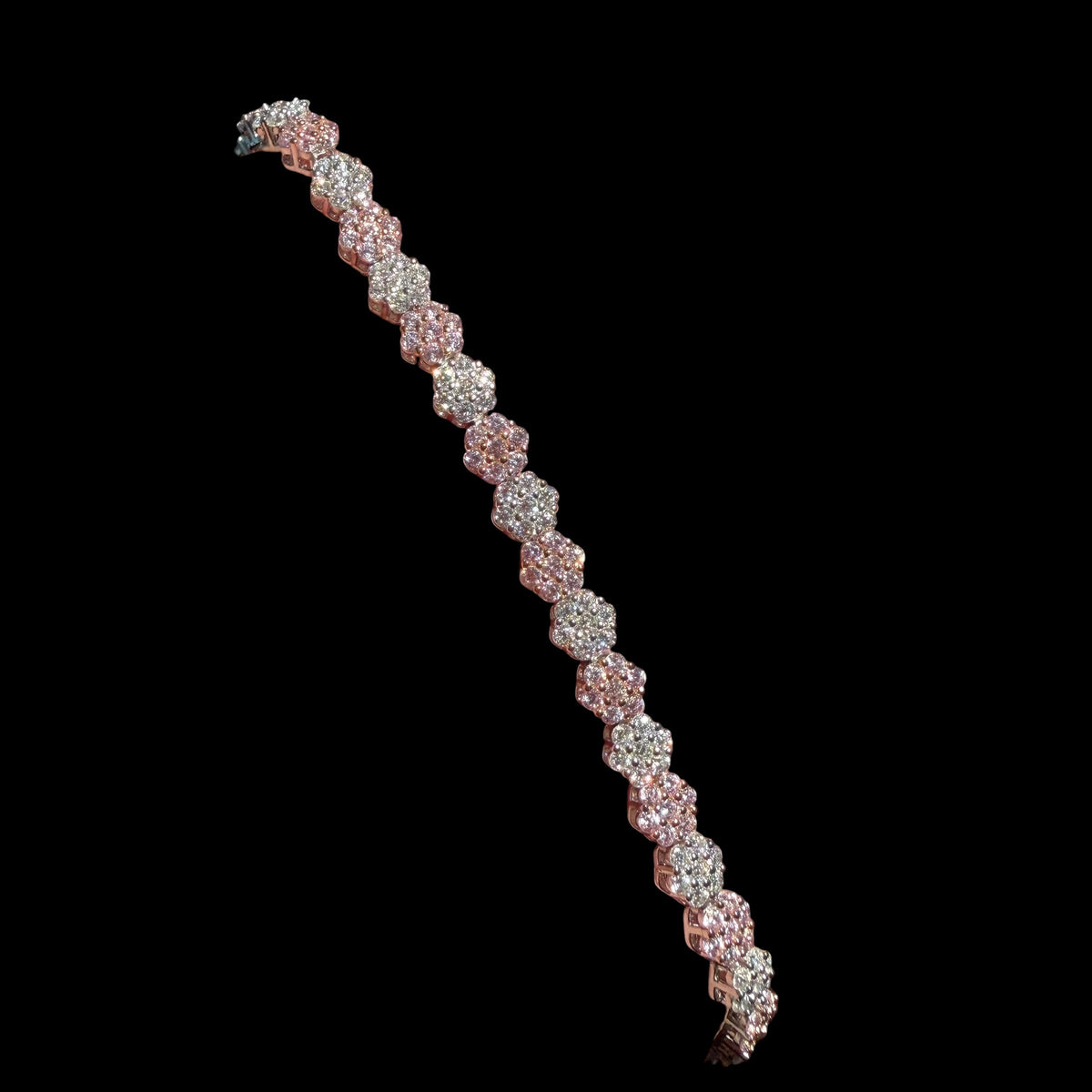 Moissanite Flower Bracelet, 925 Sterling Silver Pink CZ Honeycomb Bracelet, 5mm Two Tone 7 Inch Floral Bracelet for Women