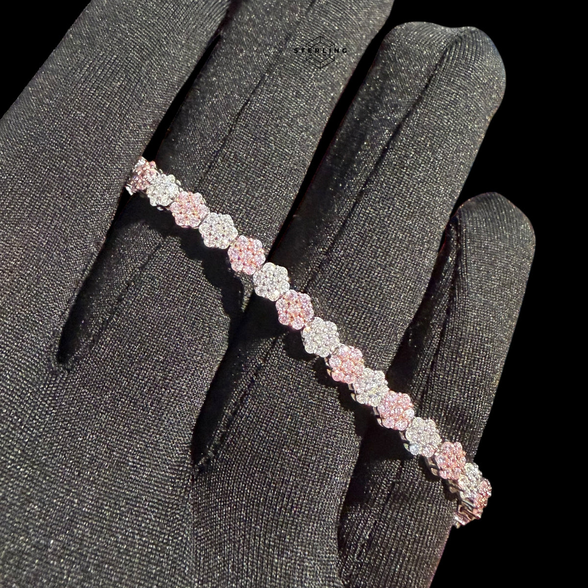 Moissanite Flower Bracelet, 925 Sterling Silver Pink CZ Honeycomb Bracelet, 5mm Two Tone 7 Inch Floral Bracelet for Women