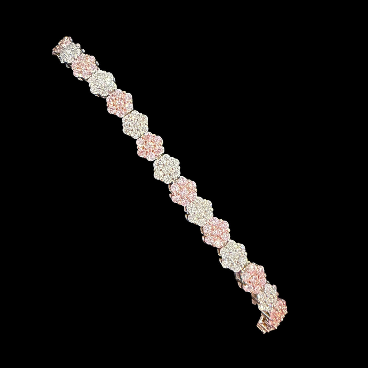 Moissanite Flower Bracelet, 925 Sterling Silver Pink CZ Honeycomb Bracelet, 5mm Two Tone 7 Inch Floral Bracelet for Women