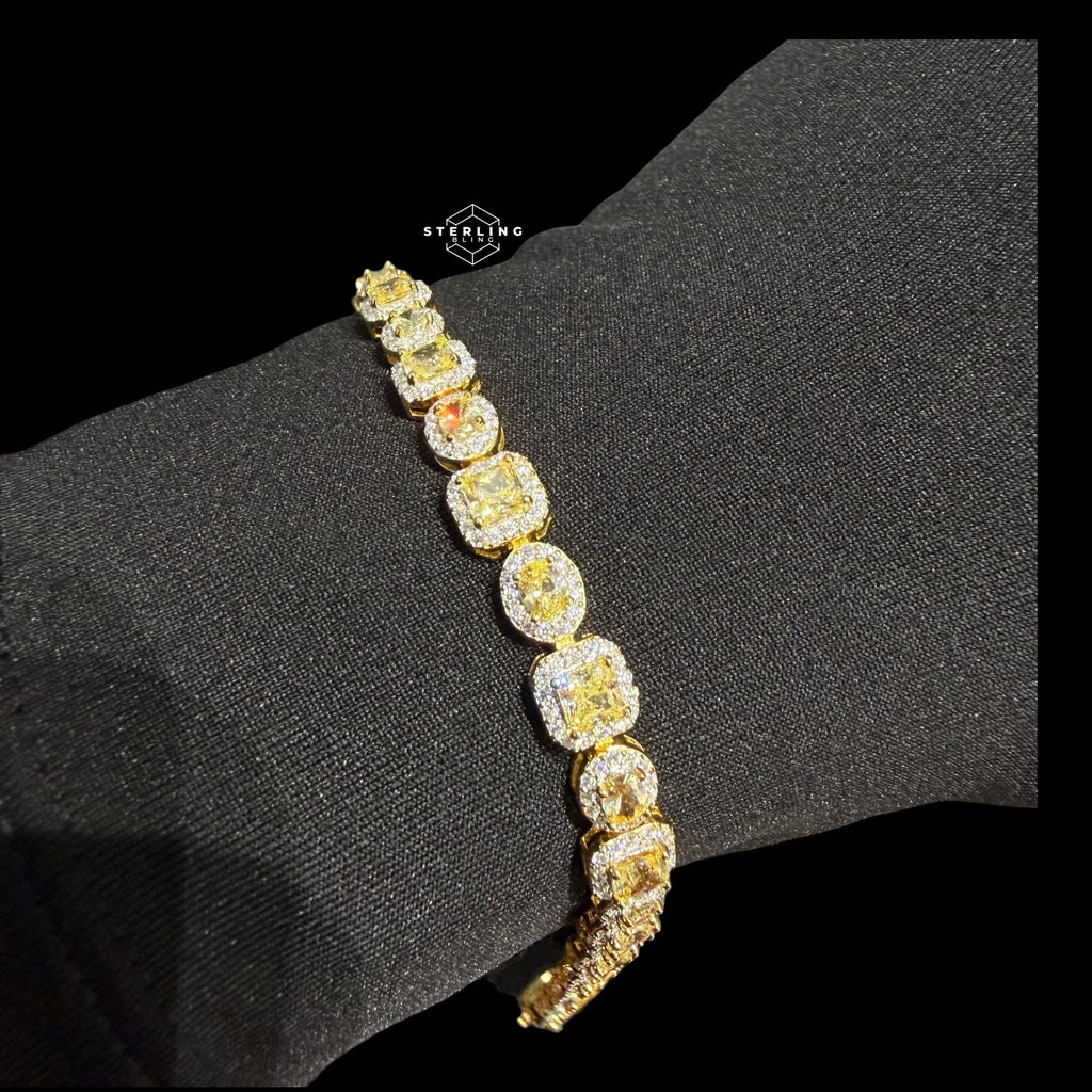 Moissanite Tennis Bracelet, 925 Sterling Silver Gold Yellow CZ Halo Bracelet, 7 Inch Two Tone