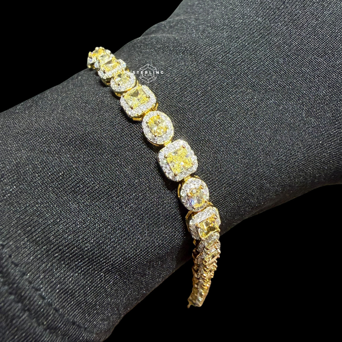 Moissanite Tennis Bracelet, 925 Sterling Silver Gold Yellow CZ Halo Bracelet, 7 Inch Two Tone