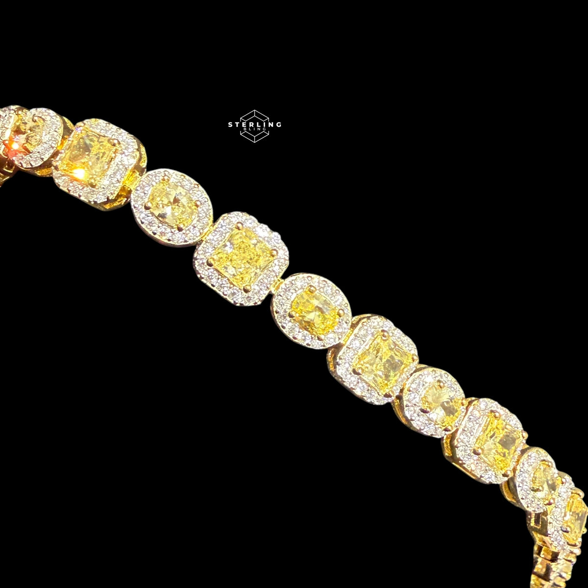 Moissanite Tennis Bracelet, 925 Sterling Silver Gold Yellow CZ Halo Bracelet, 7 Inch Two Tone
