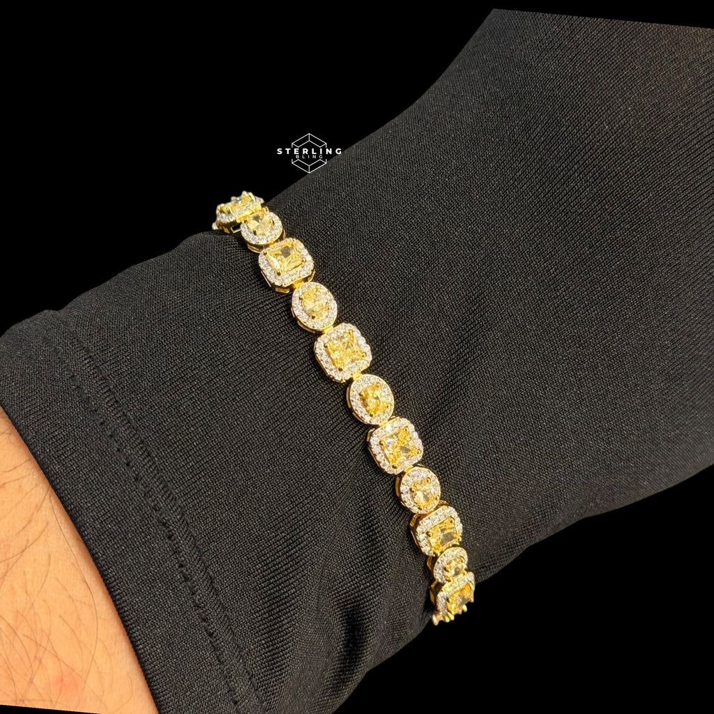 Moissanite Tennis Bracelet, 925 Sterling Silver Gold Yellow CZ Halo Bracelet, 7 Inch Two Tone