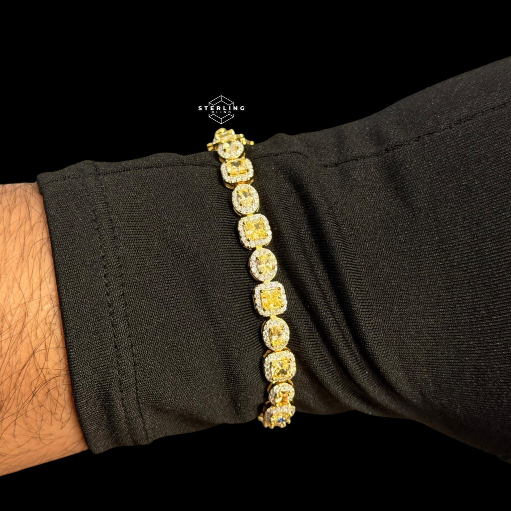 Moissanite Tennis Bracelet, 925 Sterling Silver Gold Yellow CZ Halo Bracelet, 7 Inch Two Tone