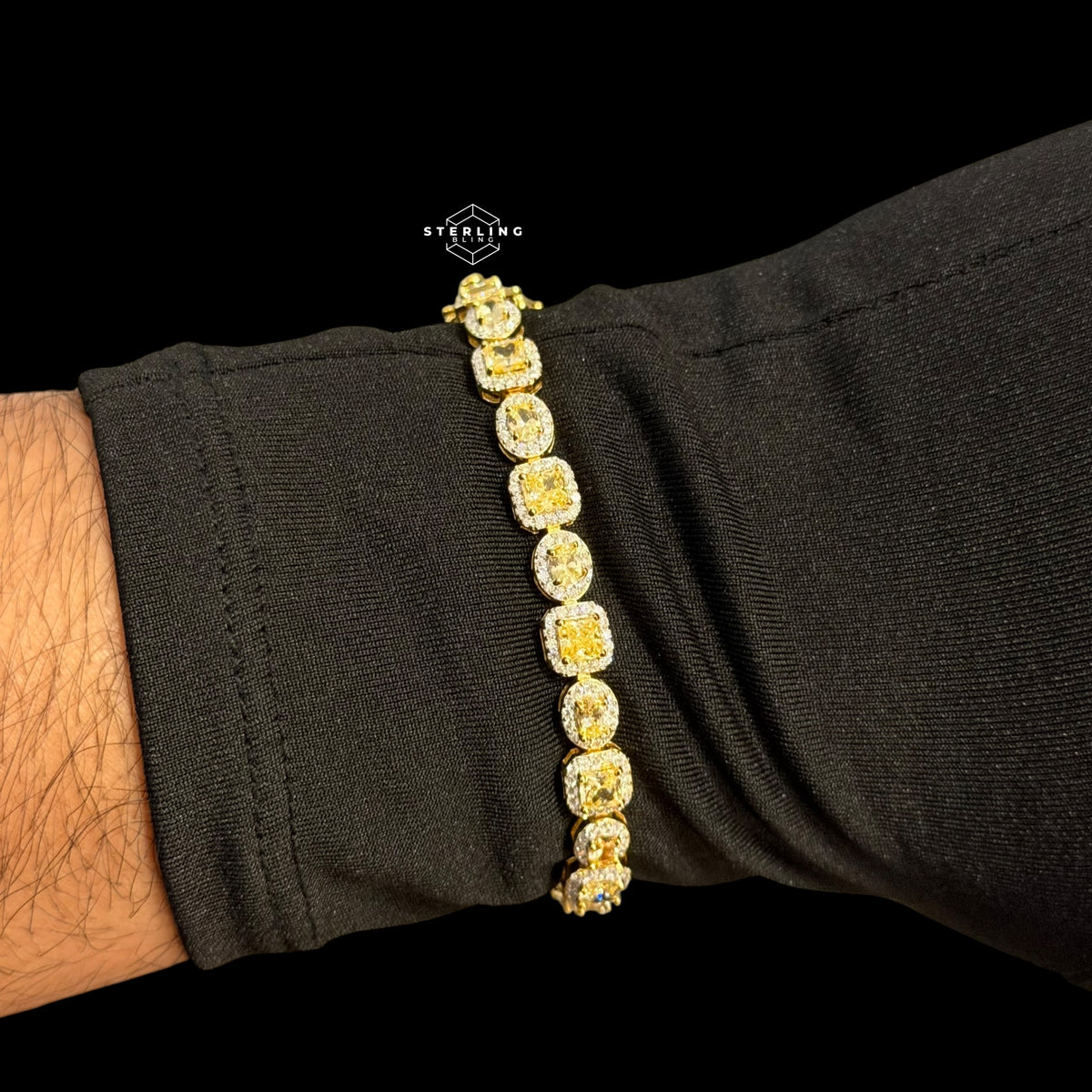 Moissanite Tennis Bracelet, 925 Sterling Silver Gold Yellow CZ Halo Bracelet, 7 Inch Two Tone