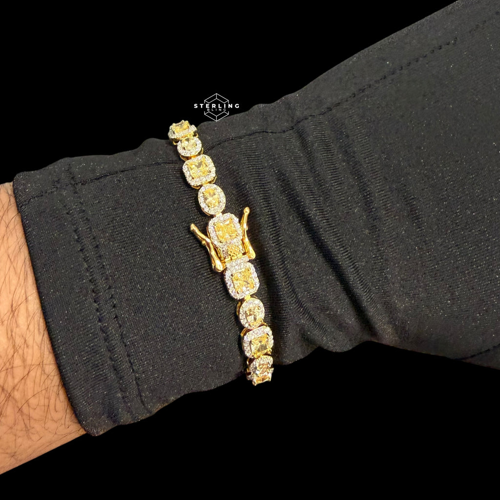 Moissanite Tennis Bracelet, 925 Sterling Silver Gold Yellow CZ Halo Bracelet, 7 Inch Two Tone
