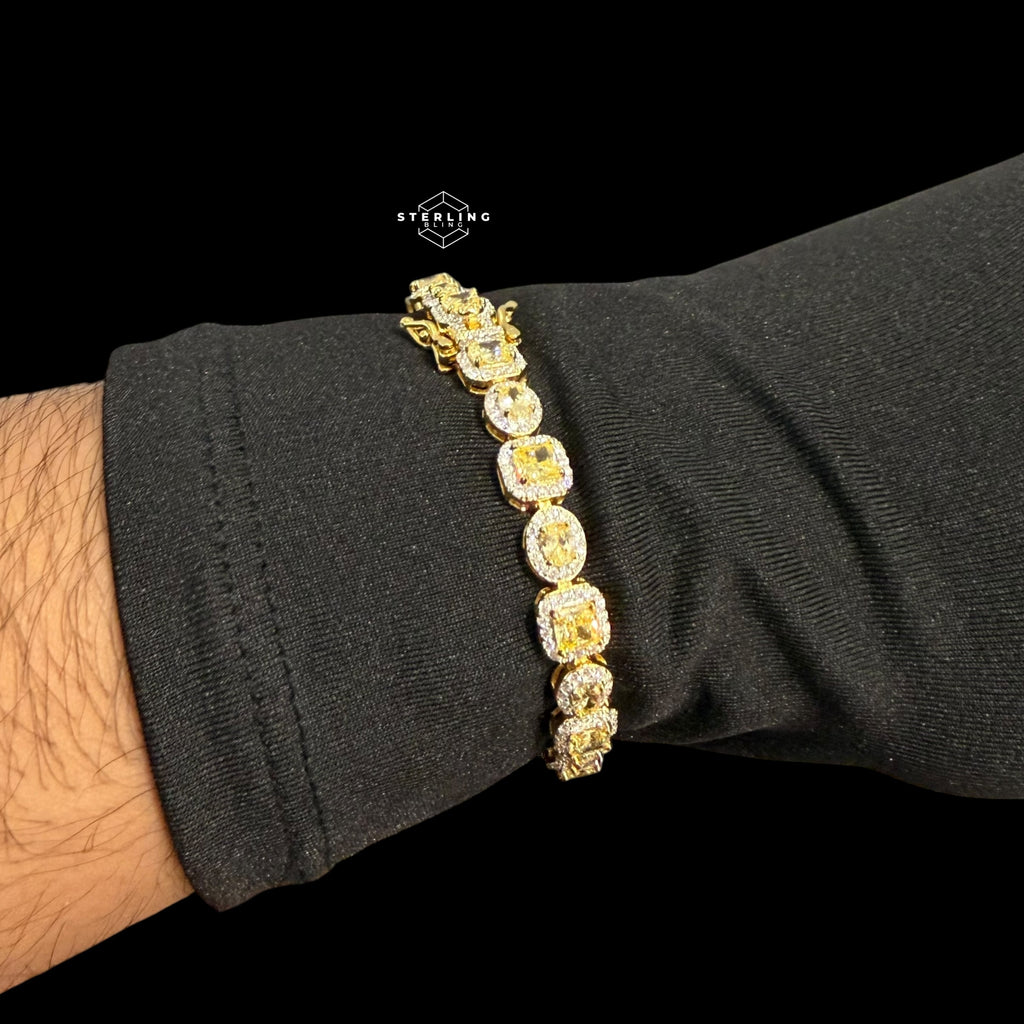 Moissanite Tennis Bracelet, 925 Sterling Silver Gold Yellow CZ Halo Bracelet, 7 Inch Two Tone