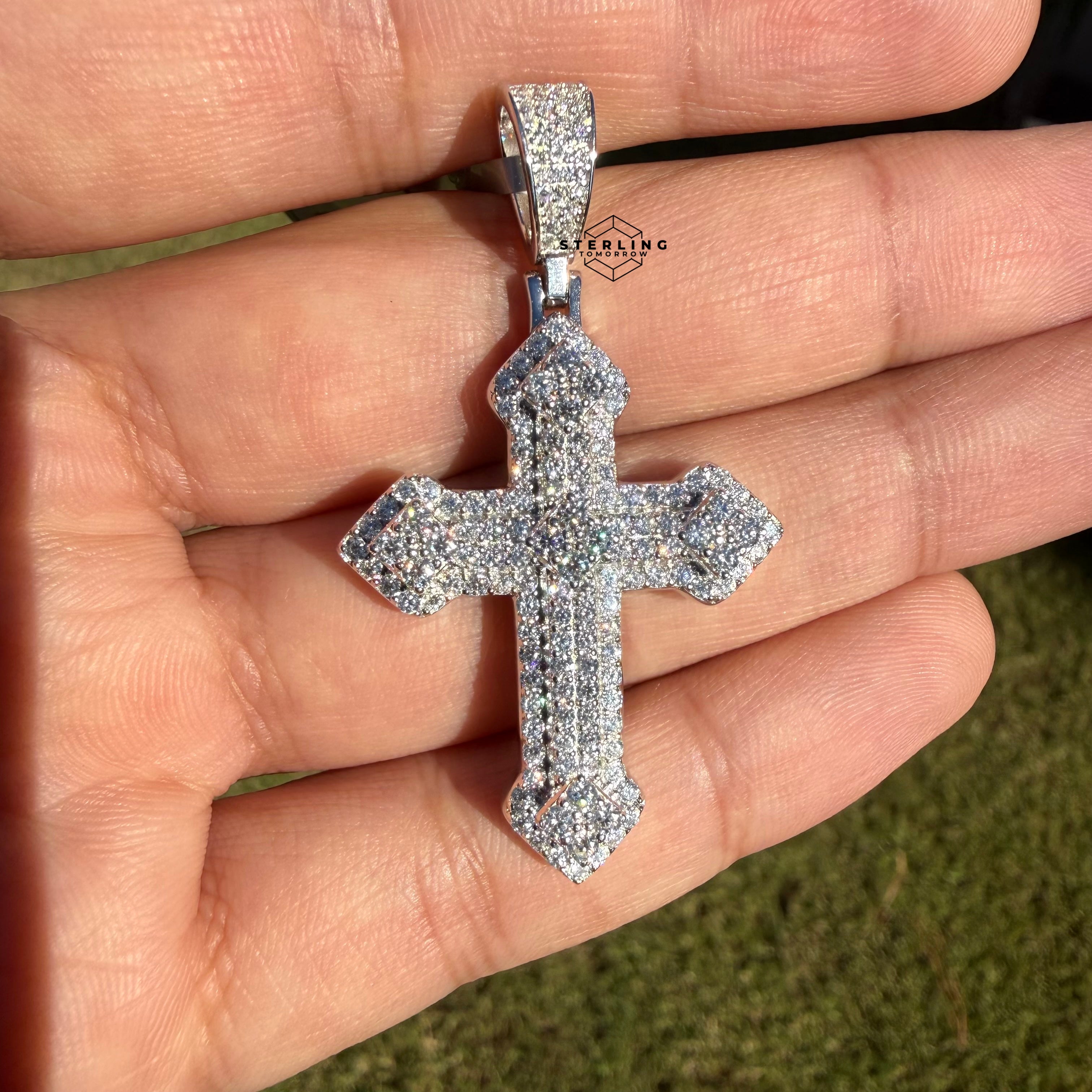Moissanite VVS Iced Cross Pendant 925 Silver Free Steel Rope Chain Unisex Gift
