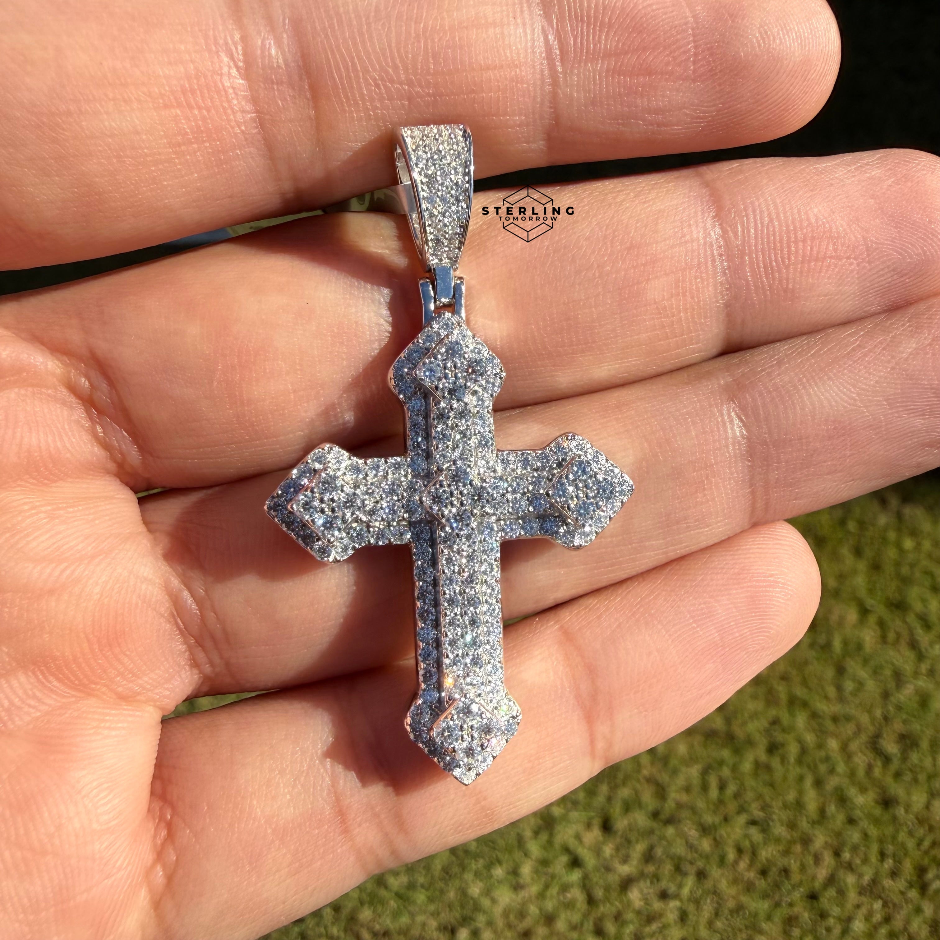 Moissanite VVS Iced Cross Pendant 925 Silver Free Steel Rope Chain Unisex Gift