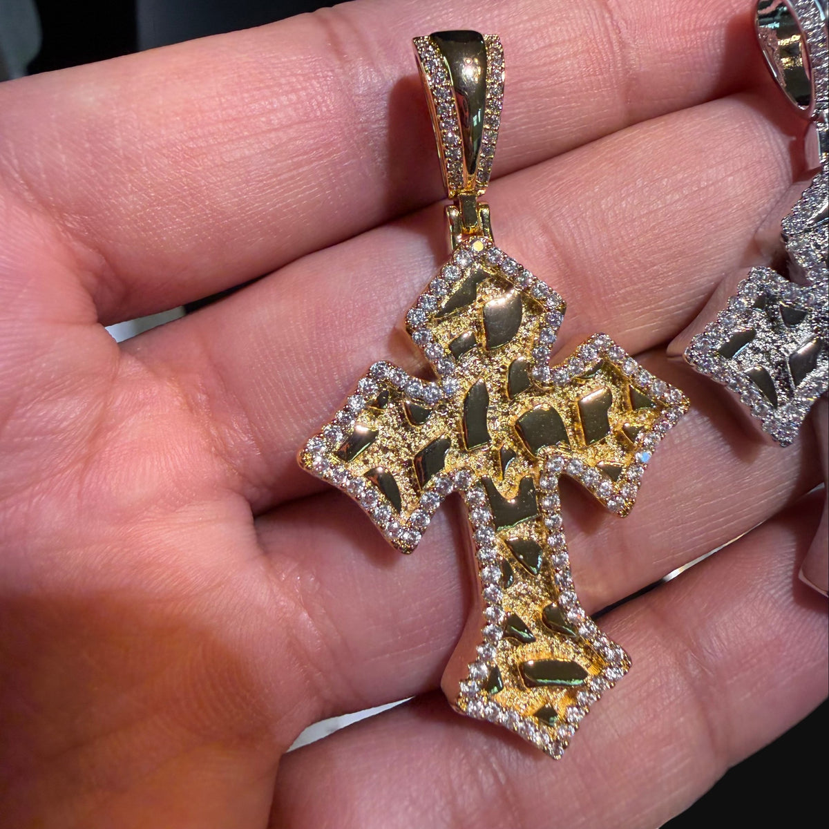 Nugget Cross Pendant Iced Out 14k Gold Plated CZ
