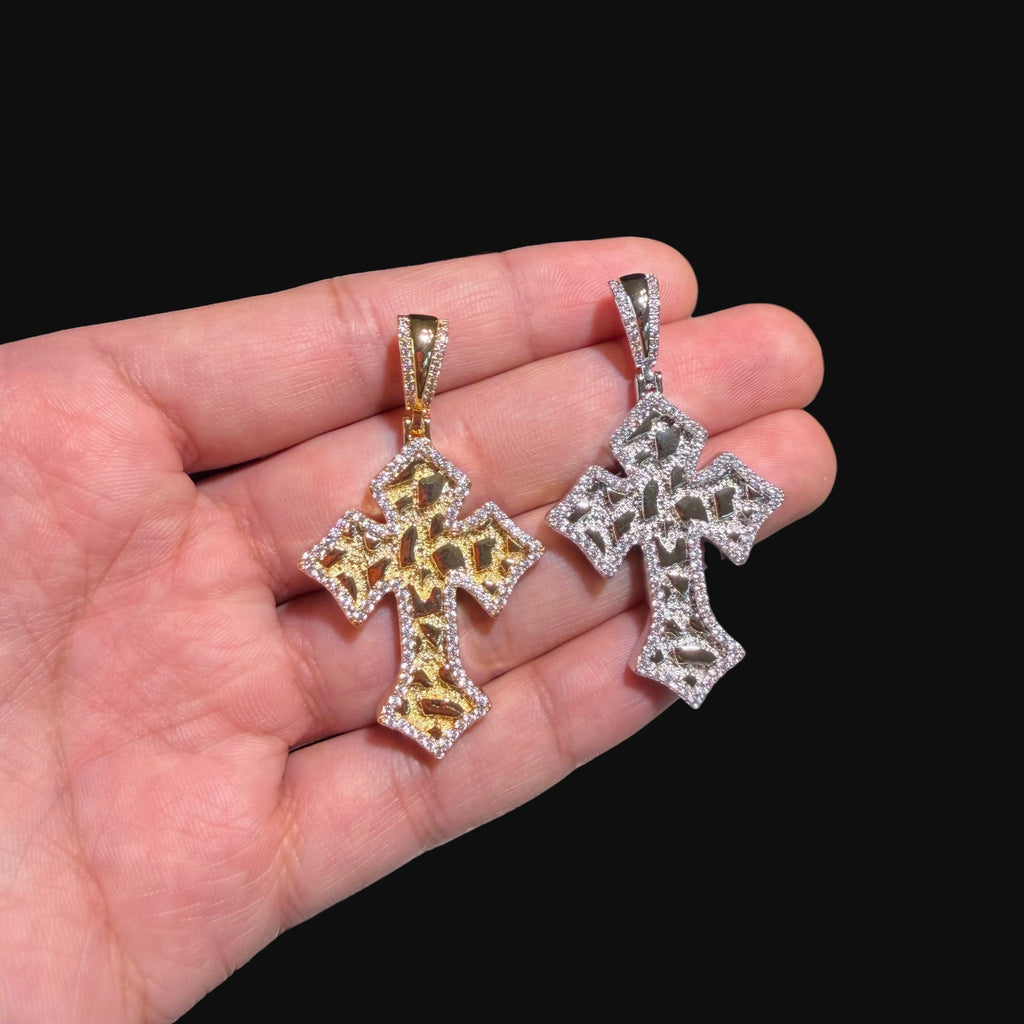 Nugget Cross Pendant Iced Out 14k Gold Plated CZ