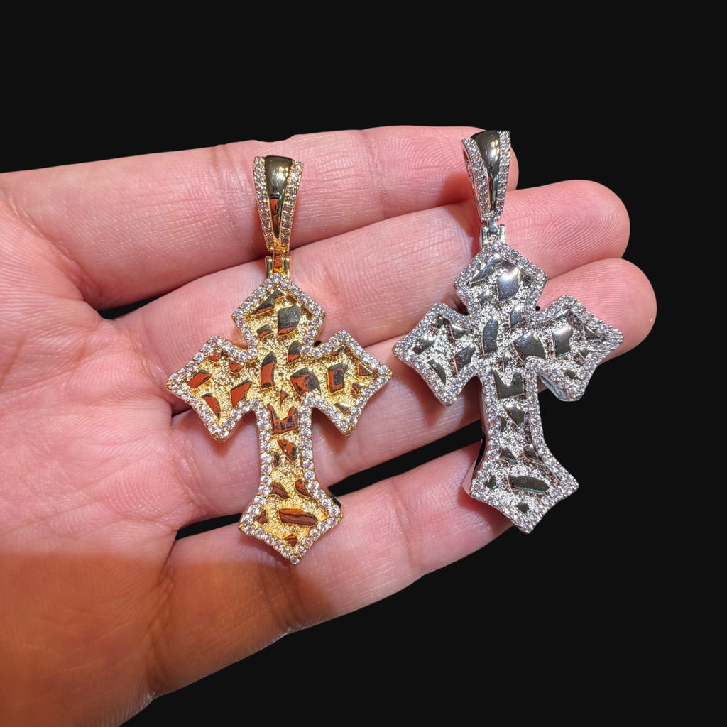 Nugget Cross Pendant Iced Out 14k Gold Plated CZ
