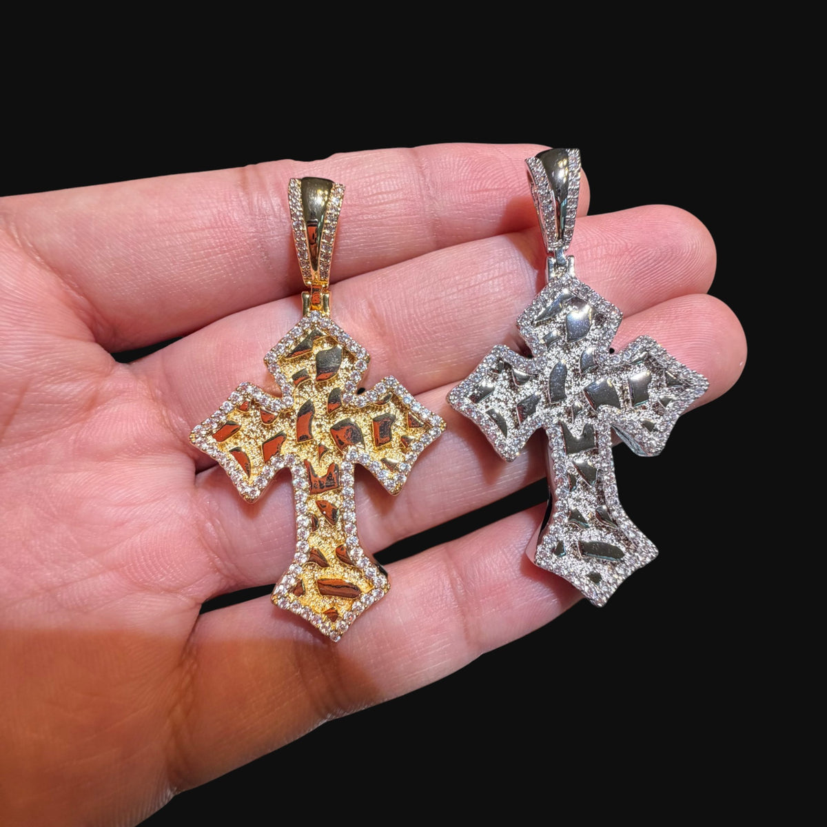 Nugget Cross Pendant Iced Out 14k Gold Plated CZ