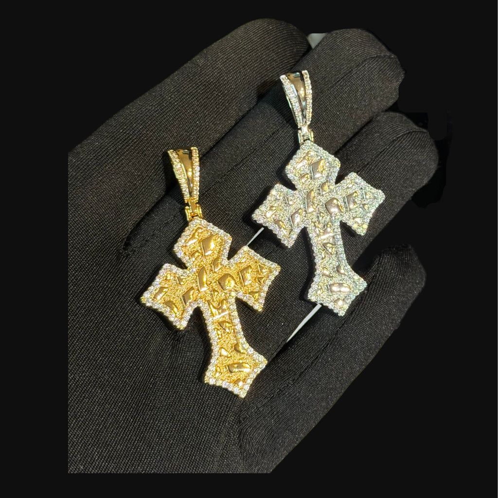 Nugget Cross Pendant Iced Out 14k Gold Plated CZ