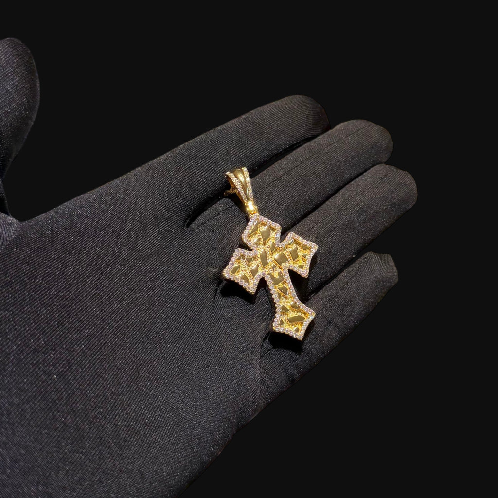 Nugget Cross Pendant Iced Out 14k Gold Plated CZ