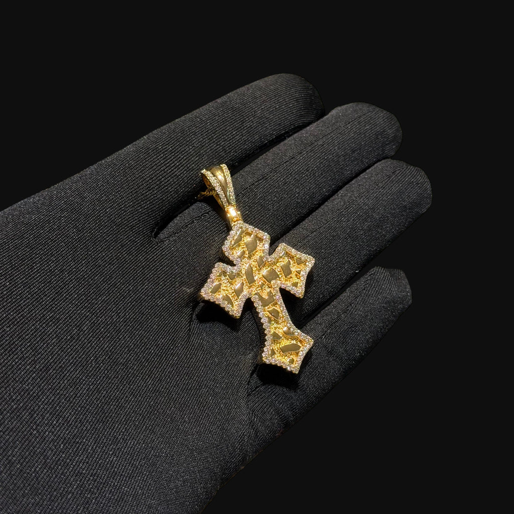 Nugget Cross Pendant Iced Out 14k Gold Plated CZ