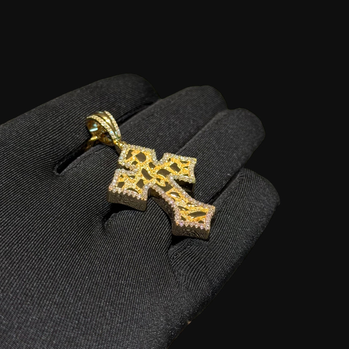 Nugget Cross Pendant Iced Out 14k Gold Plated CZ