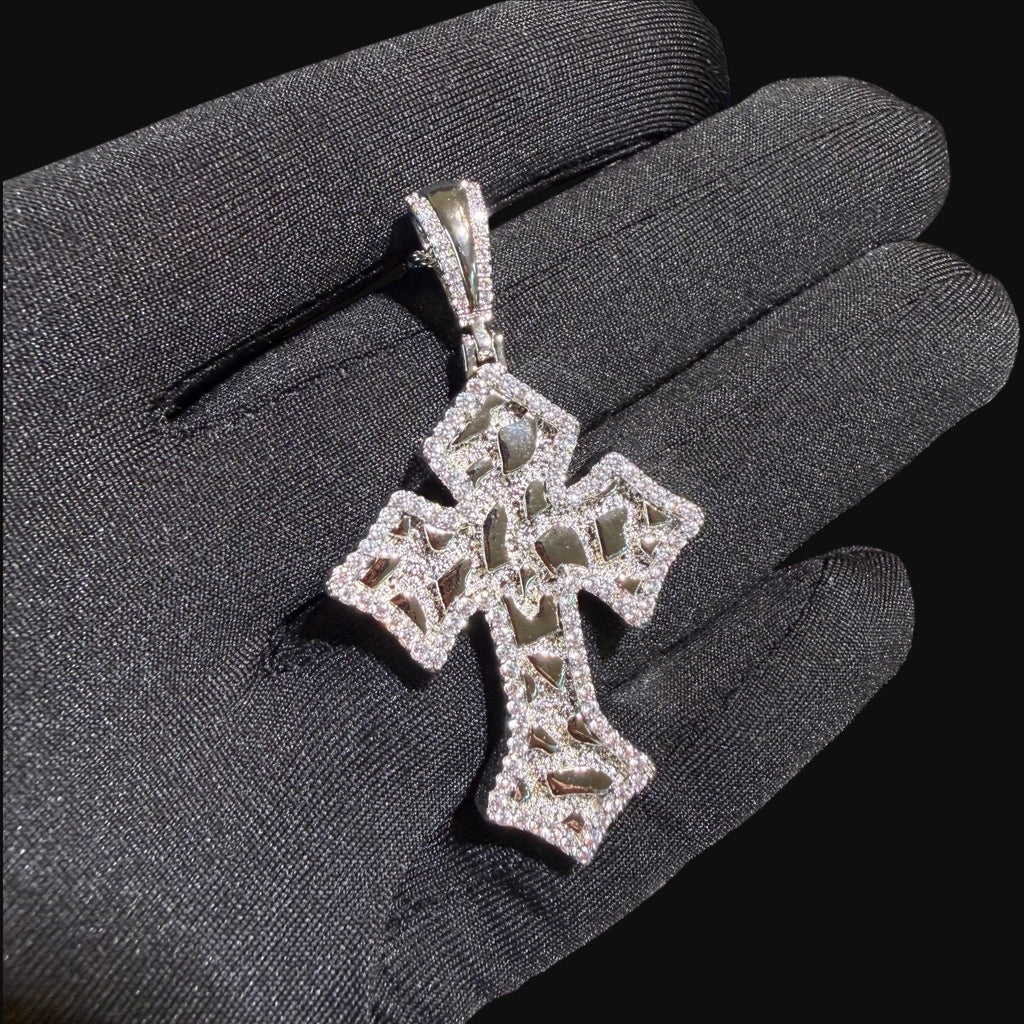Nugget Cross Pendant Iced Out 14k Gold Plated CZ