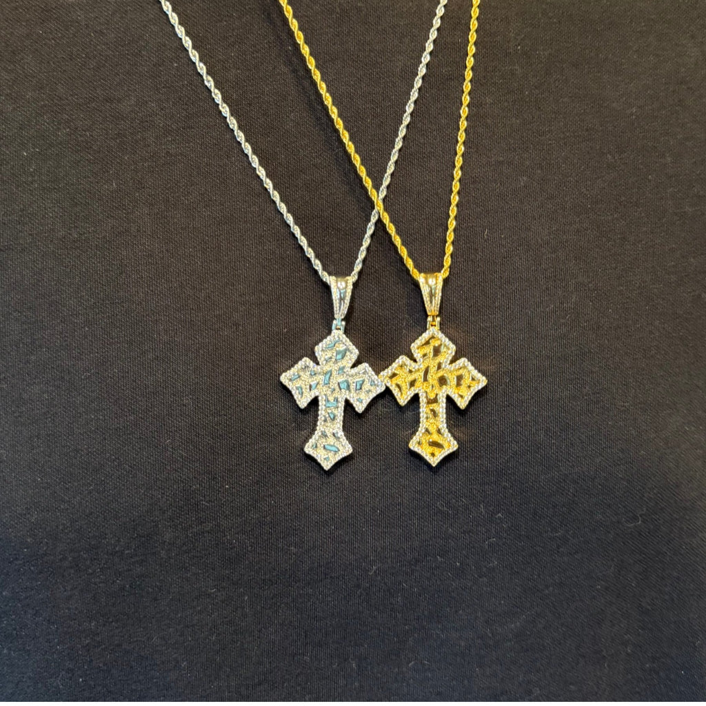 Nugget Cross Pendant Iced Out 14k Gold Plated CZ