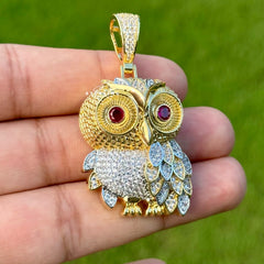 Owl Gold Tone Iced Out with Red Gem Eyes