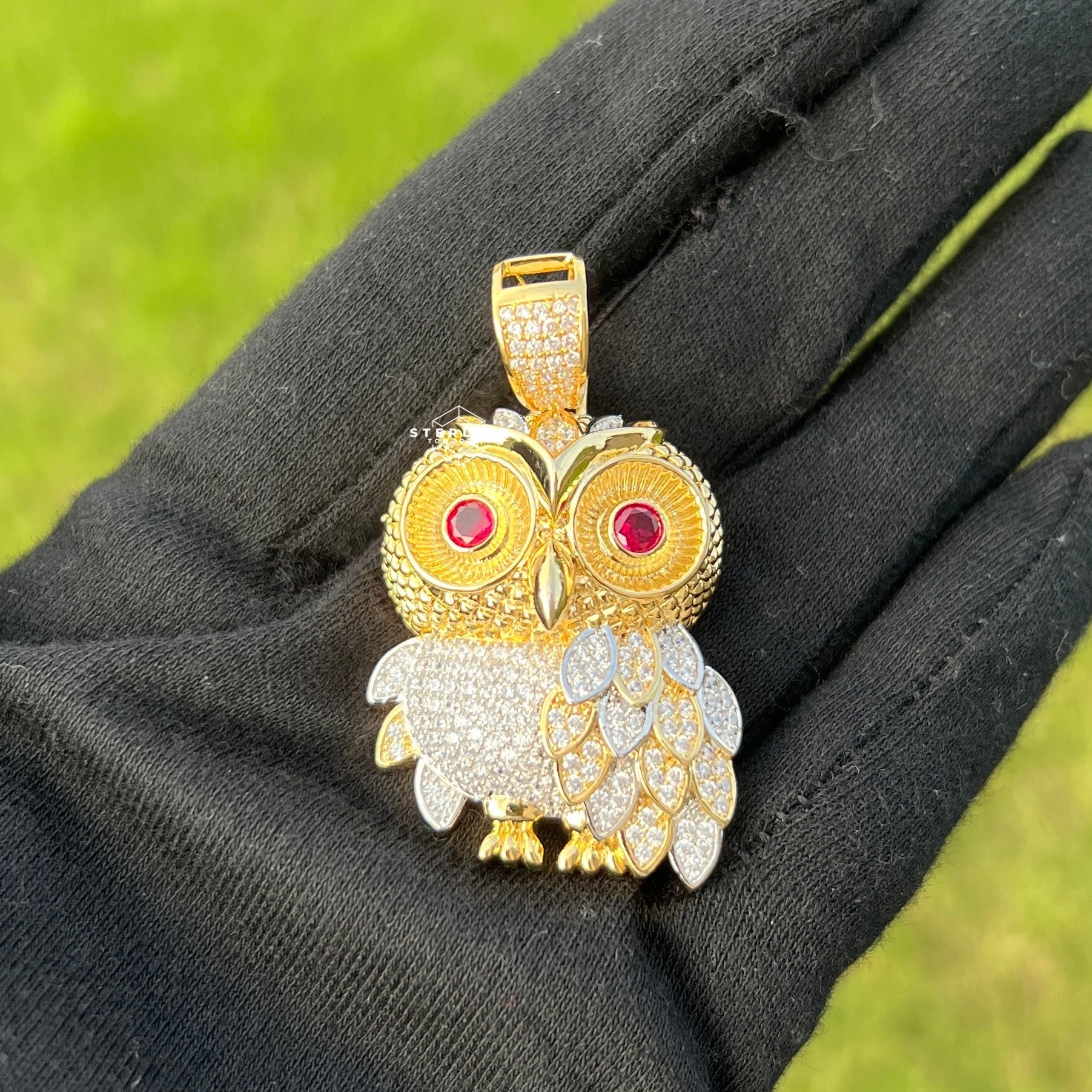 Owl Gold Tone Iced Out with Red Gem Eyes