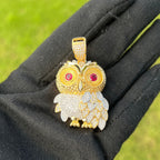 Owl Gold Tone Iced Out with Red Gem Eyes