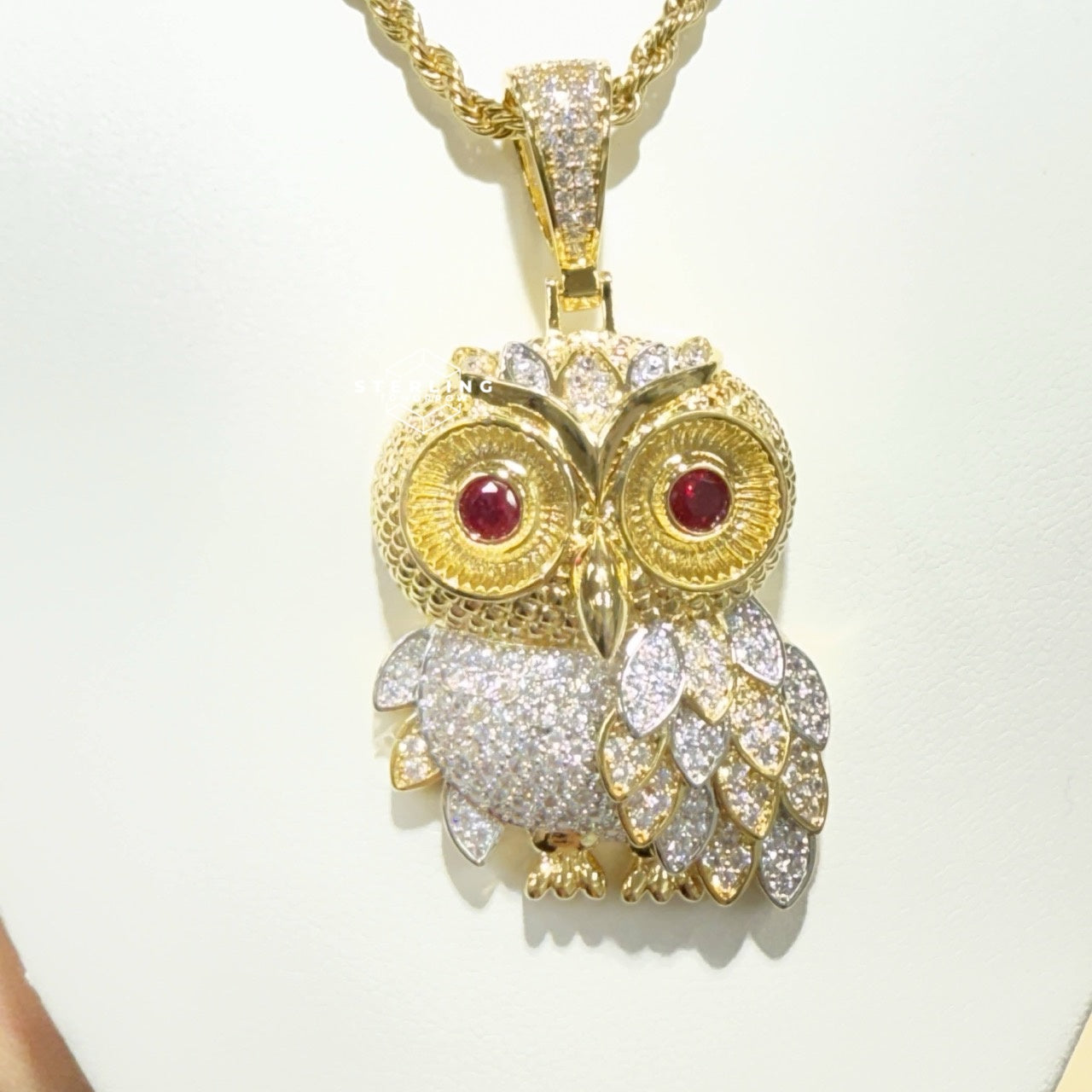 Owl Gold Tone Iced Out with Red Gem Eyes