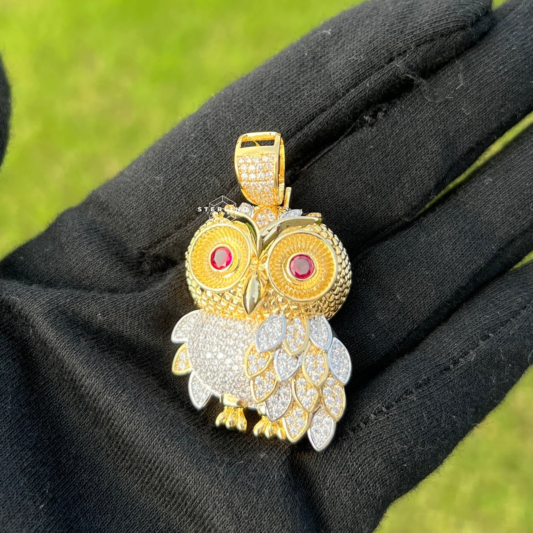 Owl Gold Tone Iced Out with Red Gem Eyes