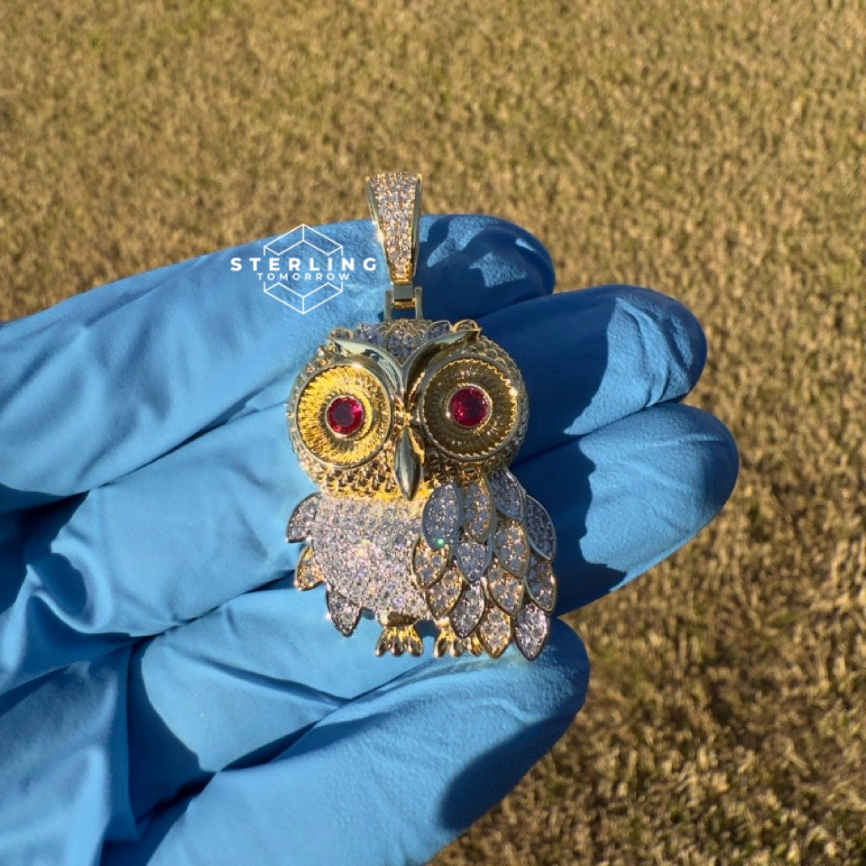 Owl Gold Tone Iced Out with Red Gem Eyes