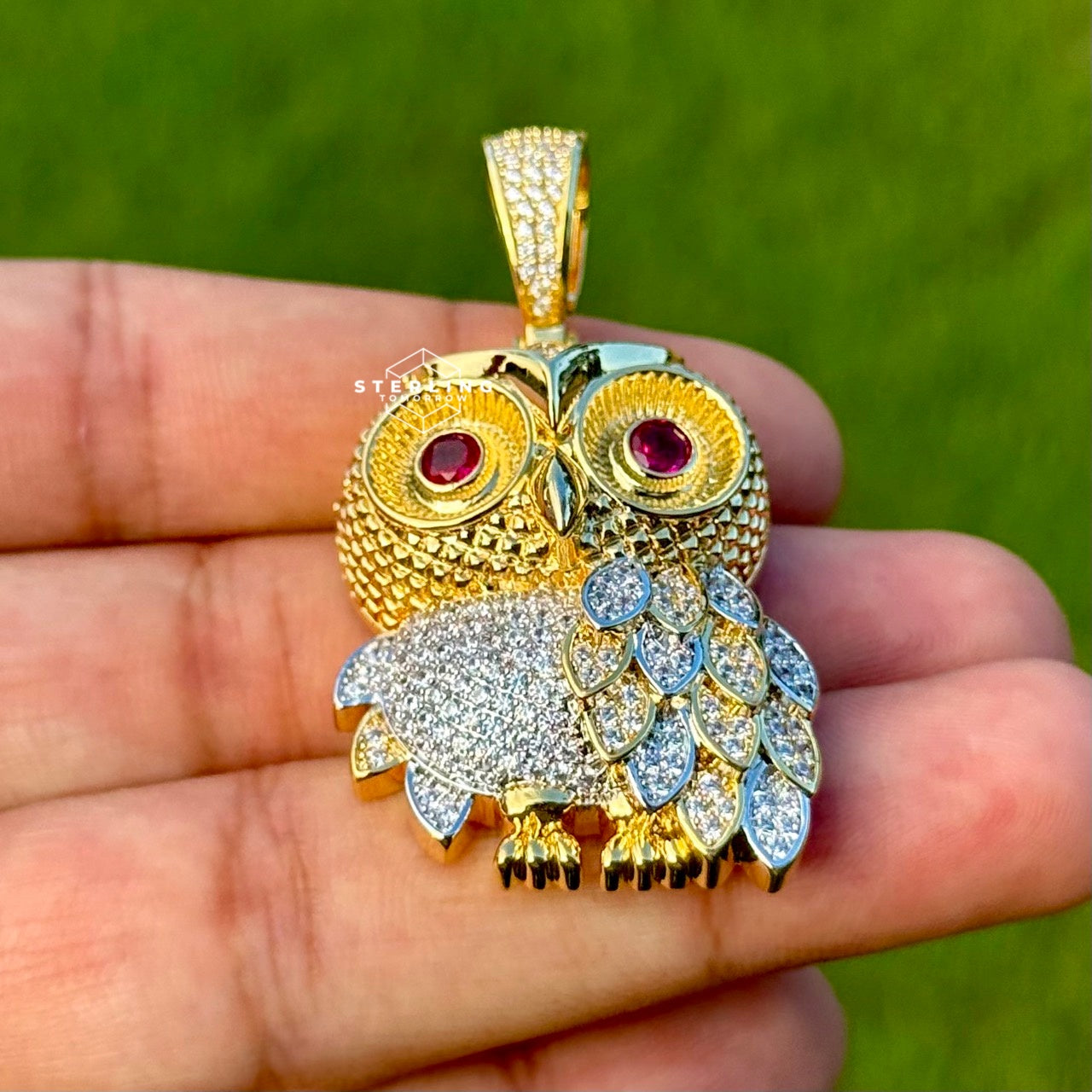 Owl Gold Tone Iced Out with Red Gem Eyes