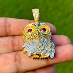 Owl Gold Tone Iced Out with Red Gem Eyes
