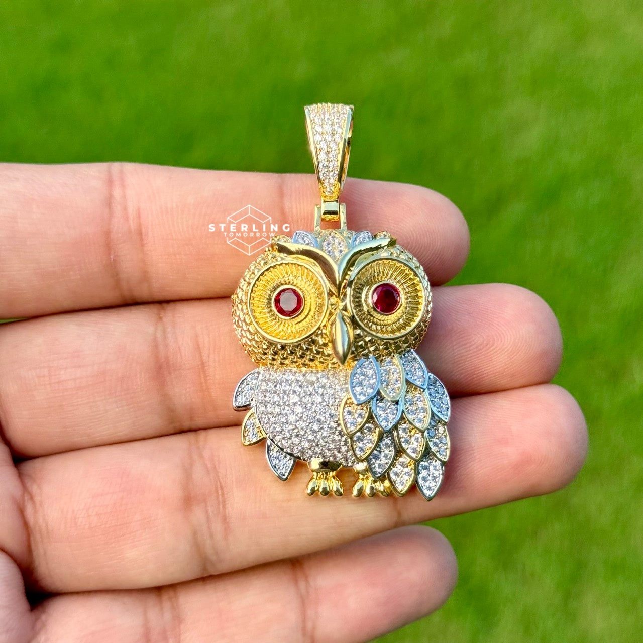 Owl Gold Tone Iced Out with Red Gem Eyes