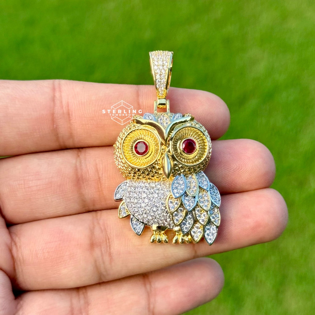 Owl Gold Tone Iced Out with Red Gem Eyes