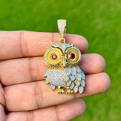 Owl Gold Tone Iced Out with Red Gem Eyes