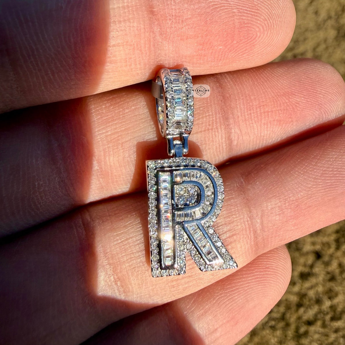 Moissanite Baguette Initial Pendants 925 Sterling Silver