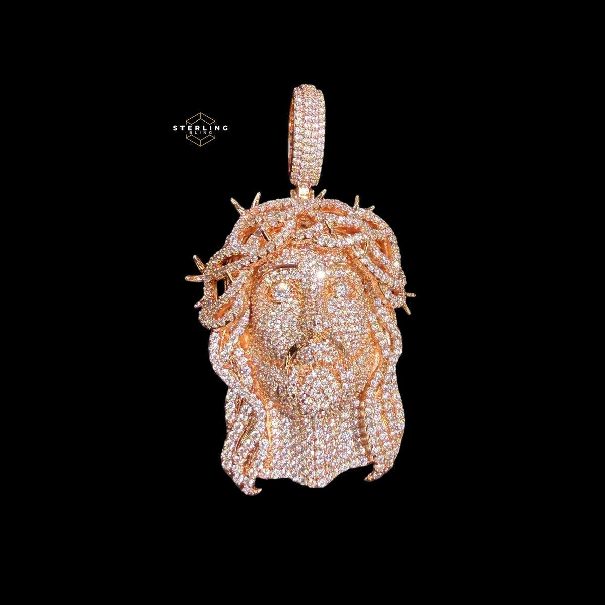 14K Rose Gold Plated Iced cOut CZ Diamond Jesus Pendant | Bustdown Crown of Thorns Jesus Piece | Hip Hop Necklace