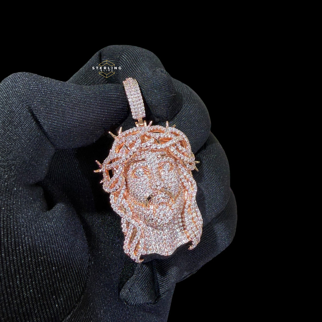 14K Rose Gold Plated Iced cOut CZ Diamond Jesus Pendant | Bustdown Crown of Thorns Jesus Piece | Hip Hop Necklace