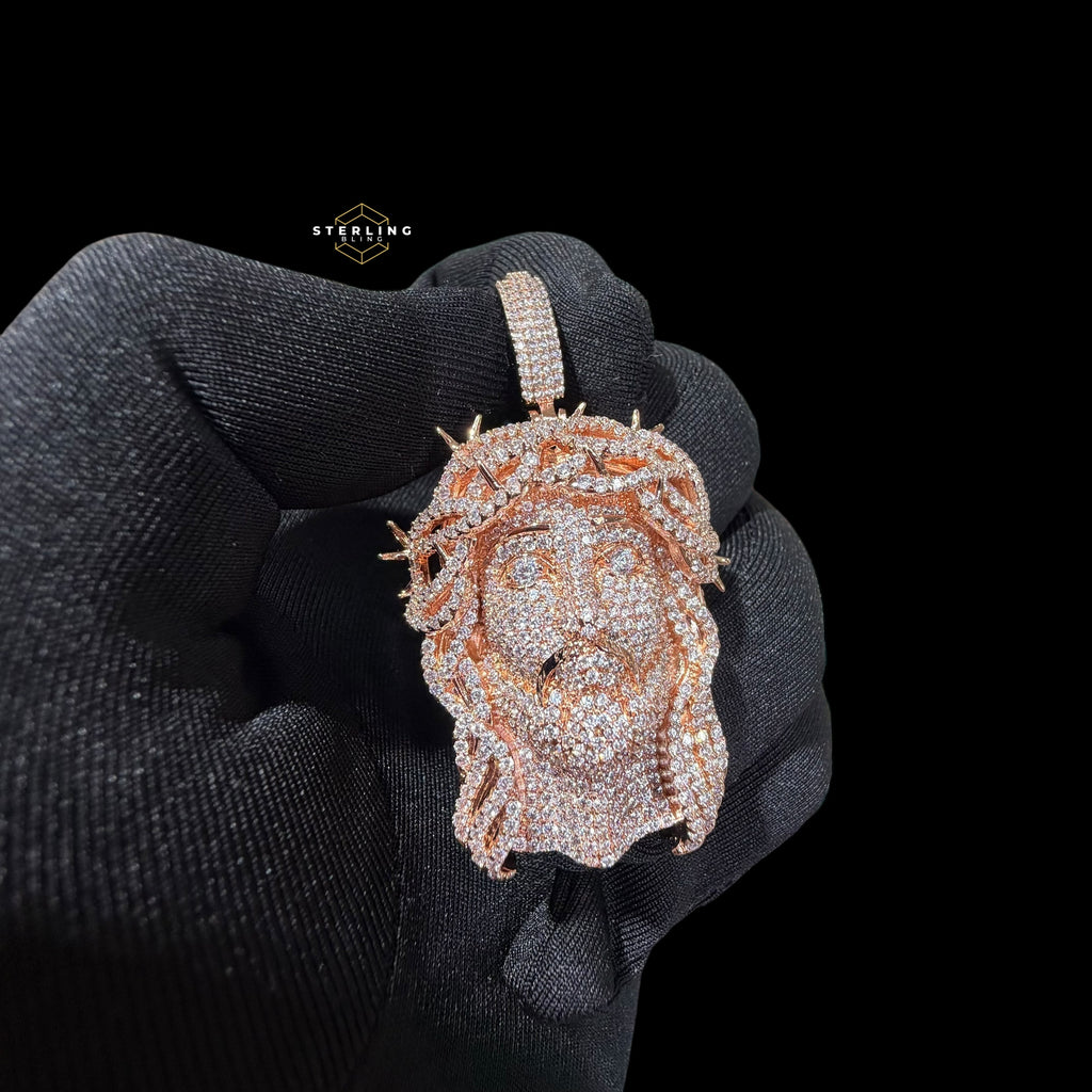 14K Rose Gold Plated Iced cOut CZ Diamond Jesus Pendant | Bustdown Crown of Thorns Jesus Piece | Hip Hop Necklace