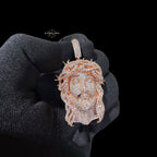 14K Rose Gold Plated Iced cOut CZ Diamond Jesus Pendant | Bustdown Crown of Thorns Jesus Piece | Hip Hop Necklace