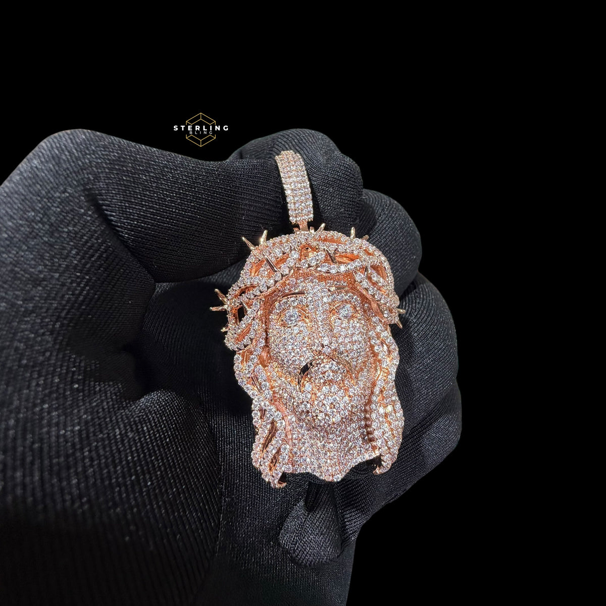 14K Rose Gold Plated Iced cOut CZ Diamond Jesus Pendant | Bustdown Crown of Thorns Jesus Piece | Hip Hop Necklace