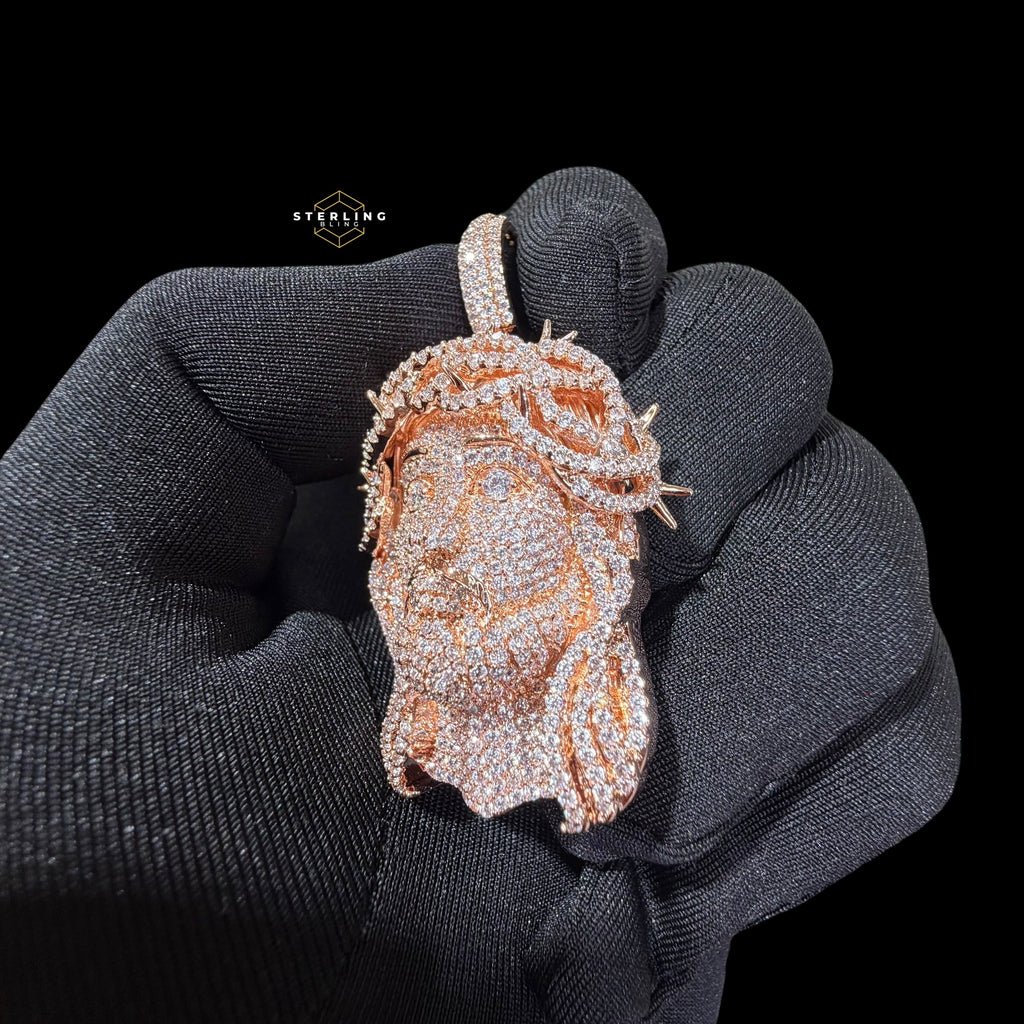 14K Rose Gold Plated Iced cOut CZ Diamond Jesus Pendant | Bustdown Crown of Thorns Jesus Piece | Hip Hop Necklace