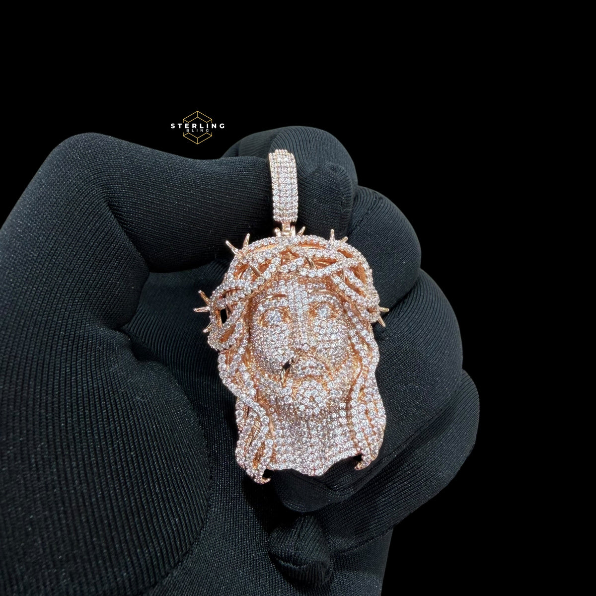 14K Rose Gold Plated Iced cOut CZ Diamond Jesus Pendant | Bustdown Crown of Thorns Jesus Piece | Hip Hop Necklace