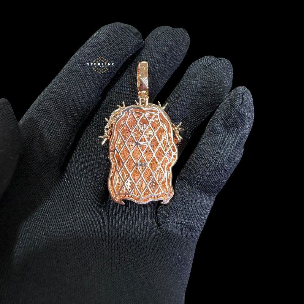 14K Rose Gold Plated Iced cOut CZ Diamond Jesus Pendant | Bustdown Crown of Thorns Jesus Piece | Hip Hop Necklace