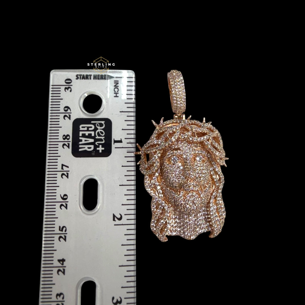 14K Rose Gold Plated Iced cOut CZ Diamond Jesus Pendant | Bustdown Crown of Thorns Jesus Piece | Hip Hop Necklace