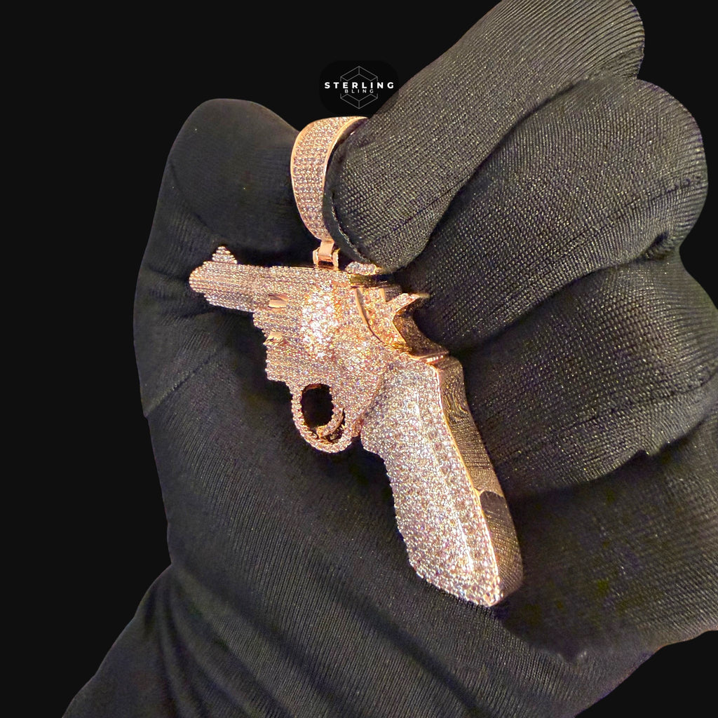 Rose Gold Revolver Gun Iced Out Pendant