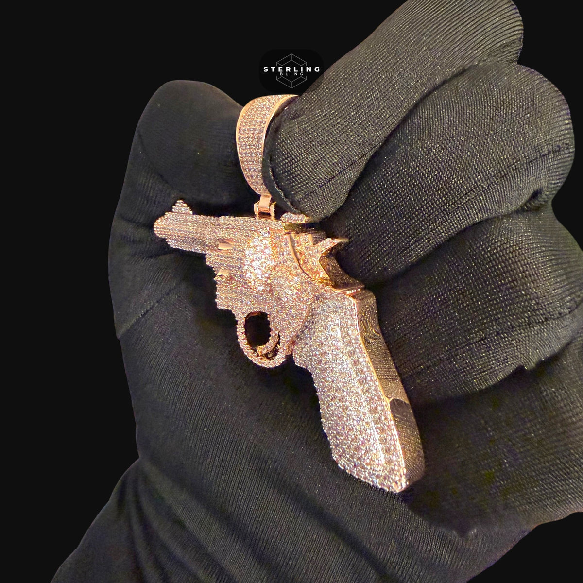 Rose Gold Revolver Gun Iced Out Pendant