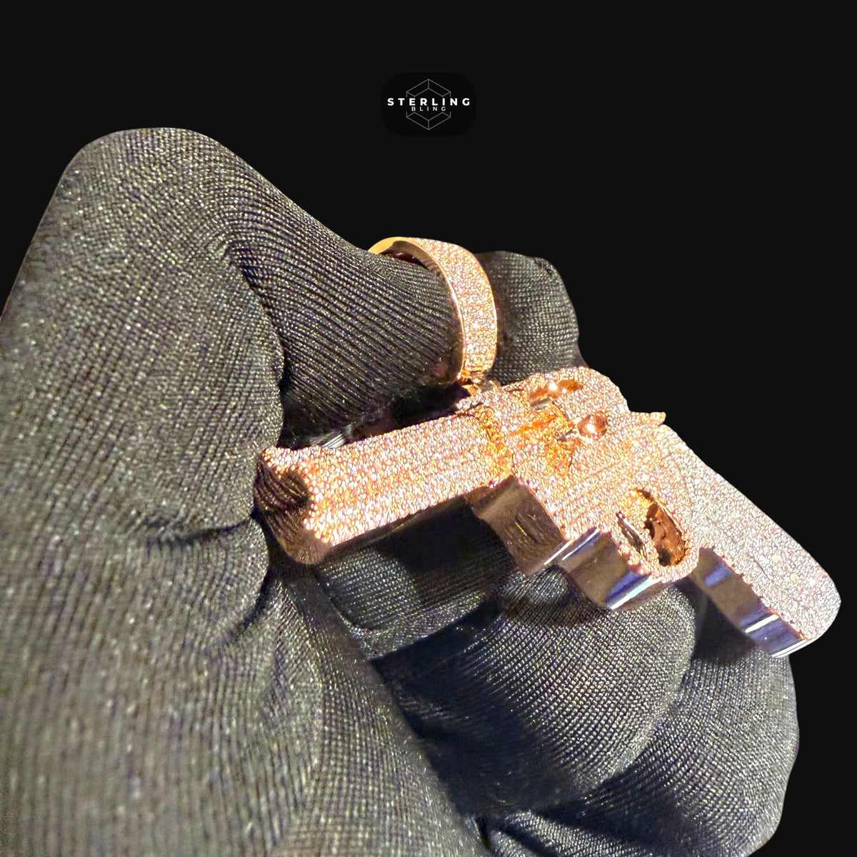 Rose Gold Revolver Gun Iced Out Pendant